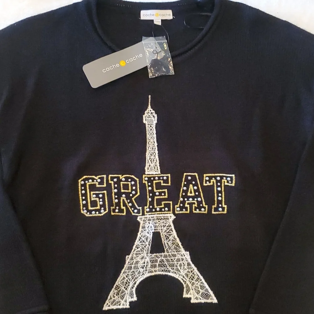 Cache Cache Black Tunic Sweater With Lace Embroidered Eiffel Tower Size S - Picture 5 of 8